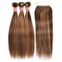 Haha Brazilian Straight Highlight Ombre Bundles With Lace Closure Human Hair Brown Blonde Highlight Bundles With Closure 16 18