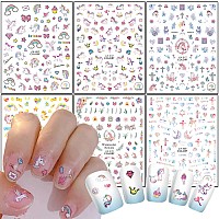 Cute Nail Art Stickers 3D Cartoon Animal Nail Art Decals Holographic Unicorn Rainbow Heart Flowers Nail Adhesive Sticker Design