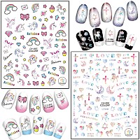 Cute Nail Art Stickers 3D Cartoon Animal Nail Art Decals Holographic Unicorn Rainbow Heart Flowers Nail Adhesive Sticker Design