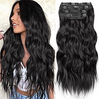 Kookastyle Clip In Synthetic Hair Extensions Long Wavy 4Pcs Thick Hairpieces Black Fiber Double Weft Natural Hair Extensions 20