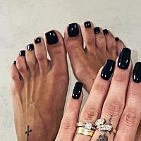 Outyua Black Toenails Short Square Press On Tonail Glossy Solid False Toe Nails Acrylic Summer Feet Fake Nails With Designs Stic