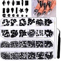 Belicey Nail Art Rhinestones Black Flatback Round Rhinestones Charms Nail Gem Stones With K9 Bling Glass Crystals Diamonds Jewel