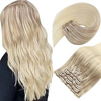 Sunny Long Clip In Hair Extensions Human Hair Ombre Hair Clip In Extensions Ash Blonde With Blonde Balayage Platinum Blonde Real