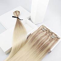 Sunny Long Clip In Hair Extensions Human Hair Ombre Hair Clip In Extensions Ash Blonde With Blonde Balayage Platinum Blonde Real