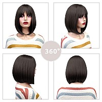 Onpep Bob Wig With Bangs Darkest Brown Short Straight Wigs For Women Shoulder Length Heat Resistant Synthetic Natural Color Wigs