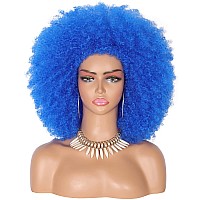 Kalyss 16 Womens Long Afro Wigs For Black Women 70S Afro Kinky Curly Blue Wigs Large Bouncy And Soft Natural Looking Premium