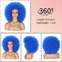 Kalyss 16 Womens Long Afro Wigs For Black Women 70S Afro Kinky Curly Blue Wigs Large Bouncy And Soft Natural Looking Premium