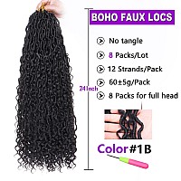 ZRQ 8 Packs Goddess Locs Crochet Hair 24 Inch Boho Locs Hair Black, Pre Looped Bohemian Locs Croceht Boho Hippie Locs, Curly Soft Locs Hair Extensions 1B#