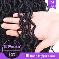 ZRQ 8 Packs Goddess Locs Crochet Hair 24 Inch Boho Locs Hair Black, Pre Looped Bohemian Locs Croceht Boho Hippie Locs, Curly Soft Locs Hair Extensions 1B#