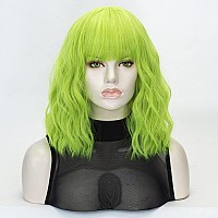 QACCF Lime Green Wig Short Wavy Pelucas Neon Women Full Bang Mint Green Realistic Curly Wig (Lime)