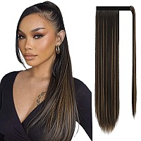 Sofeiyan Long Straight Ponytail Extension 24 inch Wrap Around Ponytail Synthetic Hair Extensions Clip in Ponytail Hairpiece for Women, Dark Brown mix Strawberry Blonde Unevenly