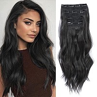 4Pcs Clip In Hair Extensions 20Inch Black Hair Extensions Long Wavy Hair Extensions Clip Ins Synthetic Thick Hair Piece For Wome