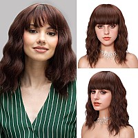 Synthetic Short Curly Wavy Bob Wig With Bangs Natural Looking Auburn Brown Short Bob Wavy Hair Wigs for Women Heat Resistant Bob Wigs