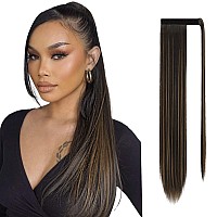 Sofeiyan Long Straight Ponytail Extension 30 inch Wrap Around Ponytail Synthetic Hair Extensions Clip in Ponytail Hairpiece for Women, Dark Brown mix Strawberry Blonde Unevenly