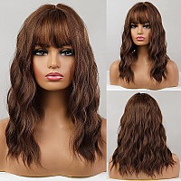 Haircube Short Brown Curly Wigs With Bangs Wavy Bob Wigs For Women Heat Resistant Synthetic Wigs