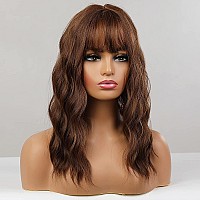 Haircube Short Brown Curly Wigs With Bangs Wavy Bob Wigs For Women Heat Resistant Synthetic Wigs