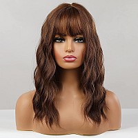 Haircube Short Brown Curly Wigs With Bangs Wavy Bob Wigs For Women Heat Resistant Synthetic Wigs