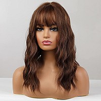 Haircube Short Brown Curly Wigs With Bangs Wavy Bob Wigs For Women Heat Resistant Synthetic Wigs