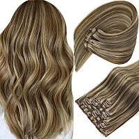 Sunny Clip In Hair Extensions Real Human Hair Dark Brown With Caramel Blonde Hair Extensions Real Human Hair Clip Ins Highlights