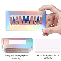 Noverlife 30Pcs Empty Press On Nail Package With 30Pcs Pullable White Paper Trays False Nail Packaging Box With Clear Window N