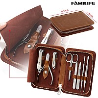 Manicure Set FAMILIFE Pedicure Kit Manicure Set Professional Manicure Kit 8PCS Nail Kit Gifts for Men Nail Clippers Nail Set Tools Mens Grooming Kit Stainless Steel Nail Care Luxury Brown Travel Case