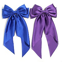 Silky Hair Barrettes for Women Bows Hair Slides Metal Clips French Barrette with Long Tail Satin Ribbon Scrunchies Ponytail Accessories 2pcs (Purple & Royal Blue)