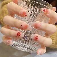 Mervf Coffin Press On Nails Medium Fake Nails Red Gradient Cute Ballerina Glue On Nails Red Heart Print Nails 24Pcs Glossy Acryl