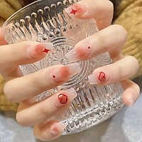 Mervf Coffin Press On Nails Medium Fake Nails Red Gradient Cute Ballerina Glue On Nails Red Heart Print Nails 24Pcs Glossy Acryl