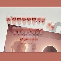 Mervf Coffin Press On Nails Medium Fake Nails Red Gradient Cute Ballerina Glue On Nails Red Heart Print Nails 24Pcs Glossy Acryl