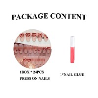 Mervf Coffin Press On Nails Medium Fake Nails Red Gradient Cute Ballerina Glue On Nails Red Heart Print Nails 24Pcs Glossy Acryl