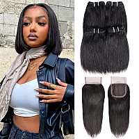 Liang Dian Brazilian Short Human Hair Bundles Natural Color 8 Inch 4 Bundles With 10 Closure 12A Brazilian Virgin Hair 100 Unp