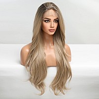 EMMOR Long Blonde Lace Front Wig for Women 27 Inch Layered Middle Part Wave Curly Wig Natural Hand Tied/Longlife/Lightweight Synthetic Wig for Daily Use