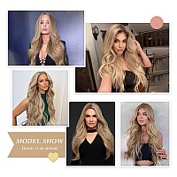 EMMOR Long Blonde Lace Front Wig for Women 27 Inch Layered Middle Part Wave Curly Wig Natural Hand Tied/Longlife/Lightweight Synthetic Wig for Daily Use