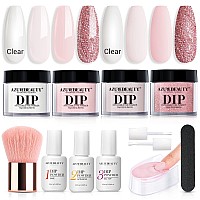 AZUREBEAUTY Dip Powder Nail Kit Starter, Nude Pink Glitter Transparent Neutral Skin, All Seasons 4 Colors Dipping Powder Set, French Nail Art Base Top Coat Activator Essential Liquid Manicure DIY Salon 12 PCS