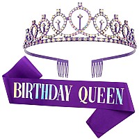 Purple Birthday Sash & AB Rhinestones Purple Crown Kit, Purple Birthday Decorations Purple Tiara Birthday Crowns for Women Girls Purple Birthday Crown and Tiara Purple Birthday Gifts for Women