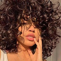 Aidusa Big Curly Wigs For Black Women Synthetic Loose Curly Wigs With Bangs 14 Inch Dark Brown Short Wigs Natural Wigs For Women