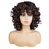 Aidusa Big Curly Wigs For Black Women Synthetic Loose Curly Wigs With Bangs 14 Inch Dark Brown Short Wigs Natural Wigs For Women