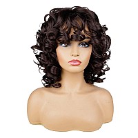 Aidusa Big Curly Wigs For Black Women Synthetic Loose Curly Wigs With Bangs 14 Inch Dark Brown Short Wigs Natural Wigs For Women