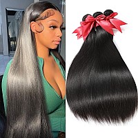 Brazilian Human Hair Bundles with Closure (24 26 28+20) 10A Straight Bundles with Closure 100% Unprocessed Virgin Quick Weave 3 Bundles Human Hair with Lace Closure Free Part