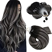 Moresoo Balayage Hair Extensions Micro Loop Human Hair Extensions Off Black Ombre Silver Micro Ring Hair Extensions Human Hair O