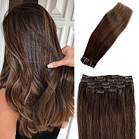 Clip in Hair Extensions Real Human Hair Dark Brown with Chesnut Brown Highlighted Clip on Extensions Human Hair 18 Inch Silky Soft Brown Balayage Highlights Clip in Extensions for Women