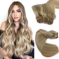 Sew In Hair Extensions Real Human Hair Weft Hair Extensions Human Hair Bundles 12 Inch 80G Ash Blonde Balayage Blonde Highlight