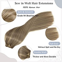 Sew In Hair Extensions Real Human Hair Weft Hair Extensions Human Hair Bundles 12 Inch 80G Ash Blonde Balayage Blonde Highlight