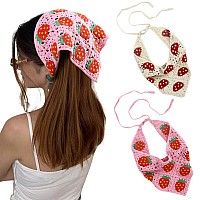 AWAYTR Crochet Bandana Head Kerchief Hair Scarf 2Pcs Knitted Hair Scarves Crochet Hair Kerchief Tie Bcak Headwrap Floral Hair Bandanas for Women Girls Scarf (Strawberry Mushroom (pink+beige))