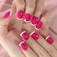 Rose Red White Tips Short French Round Press On Nails Gel Acrylic Manicure Woman Girl Art False Nails 24Pcs