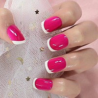 Rose Red White Tips Short French Round Press On Nails Gel Acrylic Manicure Woman Girl Art False Nails 24Pcs