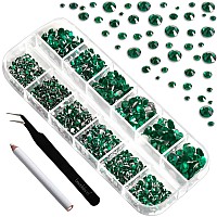 Beadsland Rhinestones for Makeup,8 Sizes 2500pcs Green Flatback Rhinestones Face Gems for Nails Crafts with Tweezers and Wax Pencil,Emerald,SS4-SS30