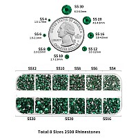 Beadsland Rhinestones for Makeup,8 Sizes 2500pcs Green Flatback Rhinestones Face Gems for Nails Crafts with Tweezers and Wax Pencil,Emerald,SS4-SS30