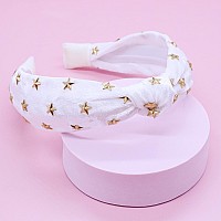 FROG SAC Star Studded Knot Headband for Girls, White Knotted Headbands for Kids, Cute Stud Hair Bands, Little Girl Velvet Hair Accessories, Gold Stars Hairband, No Slip Fashion Head Band