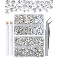 Lpbeads 6000 Pieces Clear Non Hotfix Rhinestones 6 Sizes Round Crystal Glass Flat Back Rhinestones With Tweezers And Picking Pen